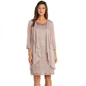 R&M Richards Elegant Mauve Dress with Sheer Overlay
